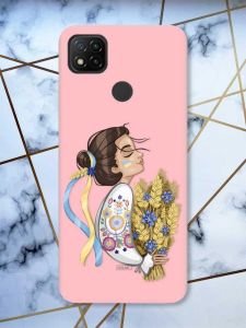 Матовий рожевий чохол на Xiaomi Redmi 9C / 10A патріотичний дизайн Українка з колосками принт 172