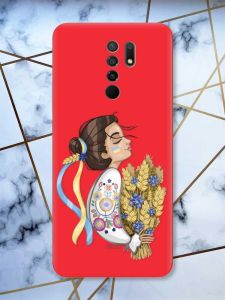 Матовий червоний чохол на Xiaomi Redmi 9 патріотичний дизайн Українка з колосками принт 172