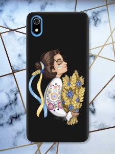Матовий чорний чохол на Xiaomi Redmi 7A патріотичний дизайн Українка з колосками принт 172