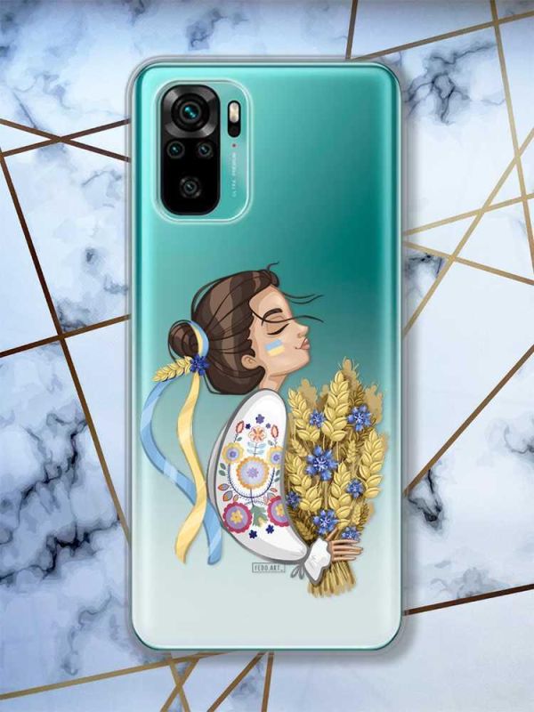 Прозорий чохол на Xiaomi Redmi Note 10 / Note 10s  патріотичний дизайн Українка з колосками принт 172