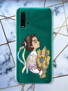 Прозорий чохол на Xiaomi Redmi 9T  патріотичний дизайн Українка з колосками принт 172