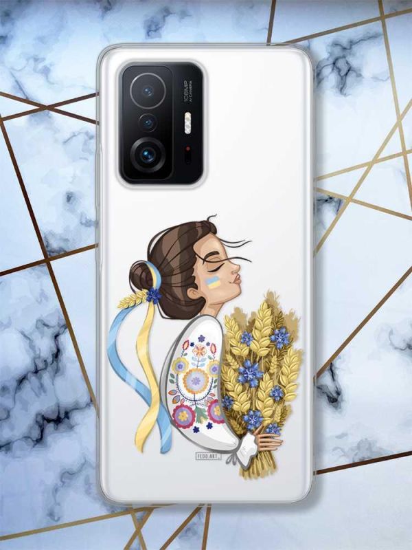 Прозорий чохол на Xiaomi 11T  патріотичний дизайн Українка з колосками принт 172