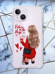 Прозорий чохол із потовщеними кутами на iPhone 14 Дівчина з кавою принт 137
