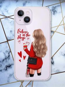 Прозорий чохол із захистом камери на iPhone 14 Дівчина з кавою принт 137