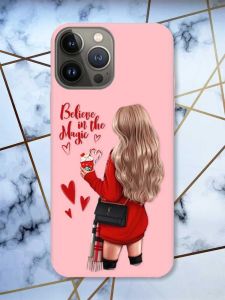 Матовий рожевий чохол на Apple iPhone 13 Pro Дівчина з кавою принт 137