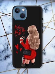Матовий чорний чохол на Apple iPhone 13 Дівчина з кавою принт 137