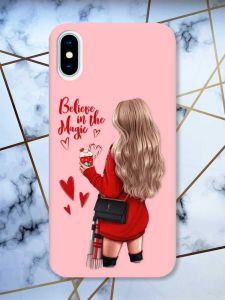 Матовий рожевий чохол на iPhone X / Xs Дівчина з кавою принт 137