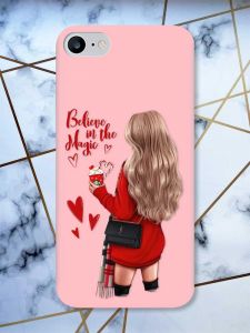 Матовий рожевий чохол на iPhone 7 / 8 Дівчина з кавою принт 137