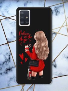 Матовий чорний чохол на Samsung Galaxy A51 Дівчина з кавою принт 137