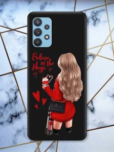 Матовий чорний чохол на Samsung Galaxy A32 Дівчина з кавою принт 137