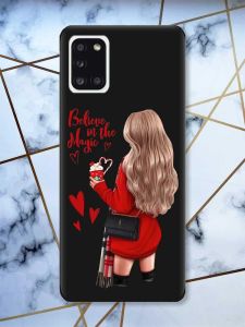 Матовий чорний чохол на Samsung Galaxy A31 Дівчина з кавою принт 137