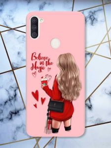 Матовий рожевий чохол на Samsung Galaxy A11 Дівчина з кавою принт 137