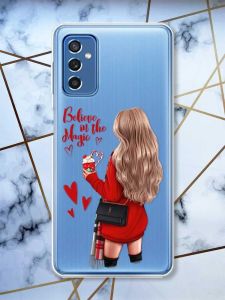 Прозорий чохол на Samsung Galaxy M52 Дівчина з кавою принт 137