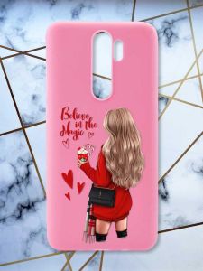 Матовий рожевий чохол на Xiaomi Redmi Note 8 Pro Дівчина з кавою принт 137