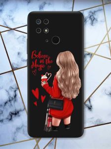 Матовий чорний чохол на Xiaomi Redmi 10C Дівчина з кавою принт 137