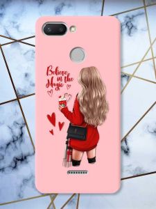 Матовий рожевий чохол на Xiaomi Redmi 6 Дівчина з кавою принт 137