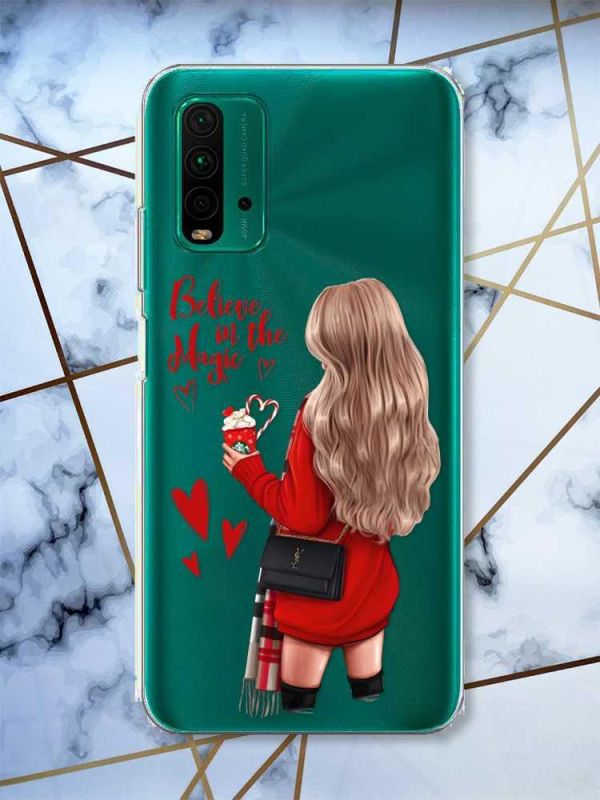 Прозорий чохол на Xiaomi Redmi 9T  Дівчина з кавою принт 137