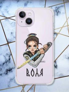 Прозорий чохол із потовщеними кутами на iPhone 14 патріотичний дизайн Українська захисниця принт 169