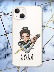 Прозорий чохол із захистом камери на iPhone 14 Plus патріотичний дизайн Українська захисниця принт 169