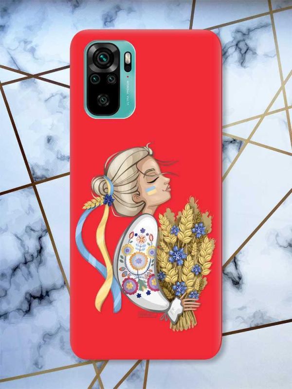 Матовий червоний чохол на Xiaomi Redmi Note 10 / Note 10s патріотичний дизайн Українка з колосками принт 173
