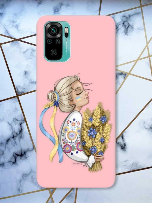Матовий рожевий чохол на Xiaomi Redmi Note 10 / Note 10s патріотичний дизайн Українка з колосками принт 173