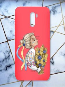 Матовий червоний чохол на Xiaomi Redmi Note 8 Pro патріотичний дизайн Українка з колосками принт 173