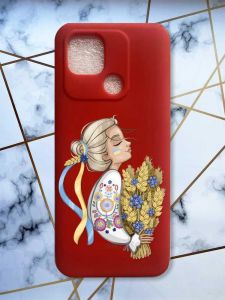 Матовий червоний чохол на Xiaomi Redmi 10C патріотичний дизайн Українка з колосками принт 173
