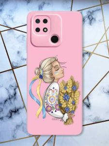 Матовий рожевий чохол на Xiaomi Redmi 10C патріотичний дизайн Українка з колосками принт 173