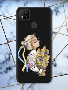 Матовий чорний чохол на Xiaomi Redmi 9C / 10A патріотичний дизайн Українка з колосками принт 173