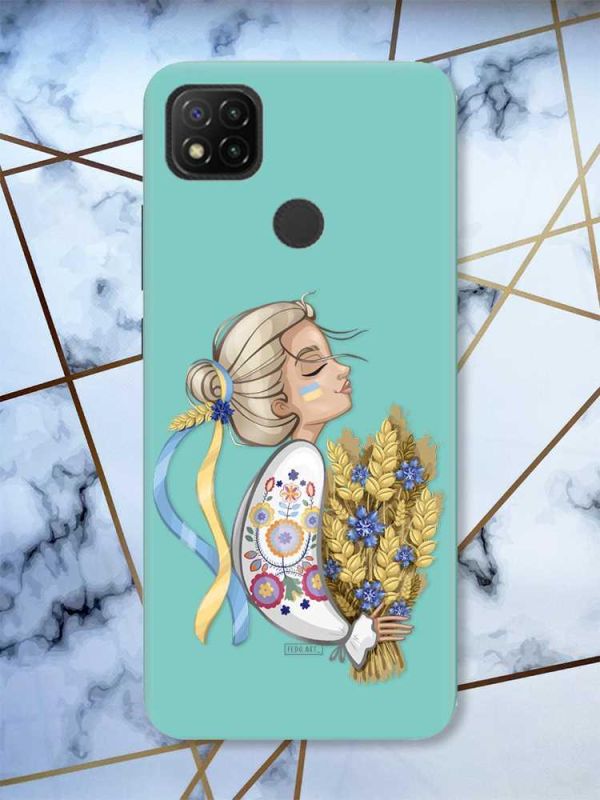 Матовий бірюзовий чохол на Xiaomi Redmi 9C / 10A патріотичний дизайн Українка з колосками принт 173