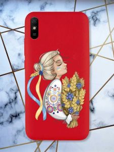 Матовий червоний чохол на Xiaomi Redmi 9A патріотичний дизайн Українка з колосками принт 173