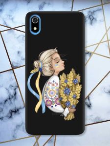 Матовий чорний чохол на Xiaomi Redmi 7A патріотичний дизайн Українка з колосками принт 173