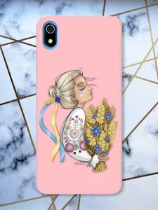 Матовий рожевий чохол на Xiaomi Redmi 7A патріотичний дизайн Українка з колосками принт 173