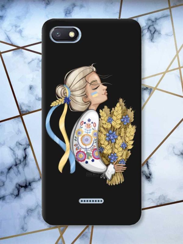 Матовий чорний чохол на Xiaomi Redmi 6A патріотичний дизайн Українка з колосками принт 173
