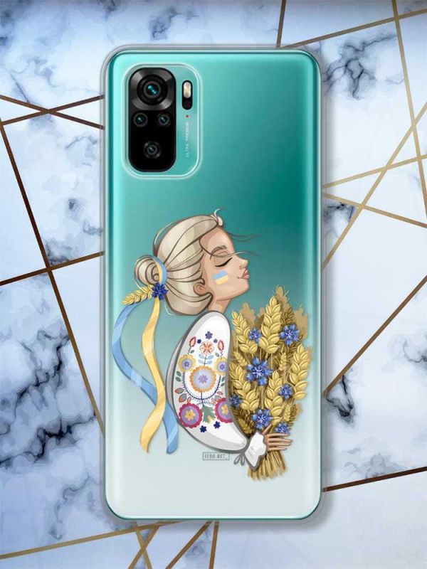Прозорий чохол на Xiaomi Redmi Note 10 / Note 10s  патріотичний дизайн Українка з колосками принт 173