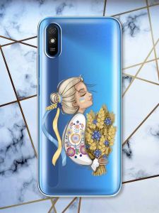 Прозорий чохол на Xiaomi Redmi 9A  патріотичний дизайн Українка з колосками принт 173