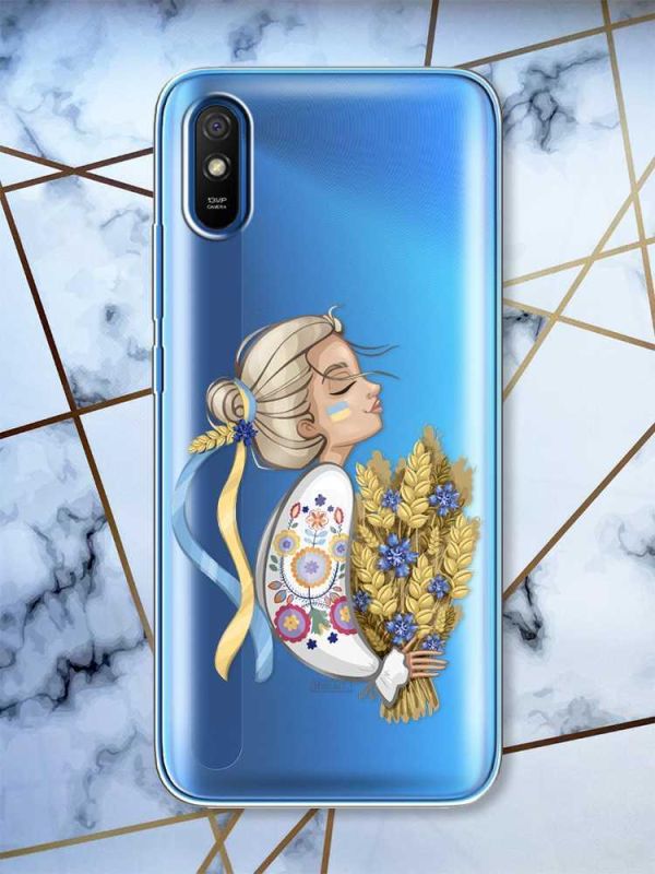 Прозорий чохол на Xiaomi Redmi 9A  патріотичний дизайн Українка з колосками принт 173
