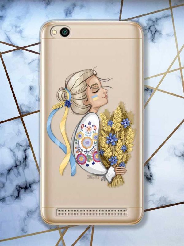 Прозорий чохол на Xiaomi Redmi 5A  патріотичний дизайн Українка з колосками принт 173