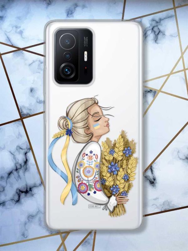 Прозорий чохол на Xiaomi 11T  патріотичний дизайн Українка з колосками принт 173