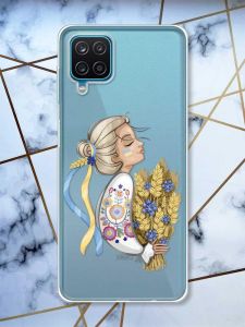 Прозорий чохол на Samsung A12 4G патріотичний дизайн Українка з колосками принт 173