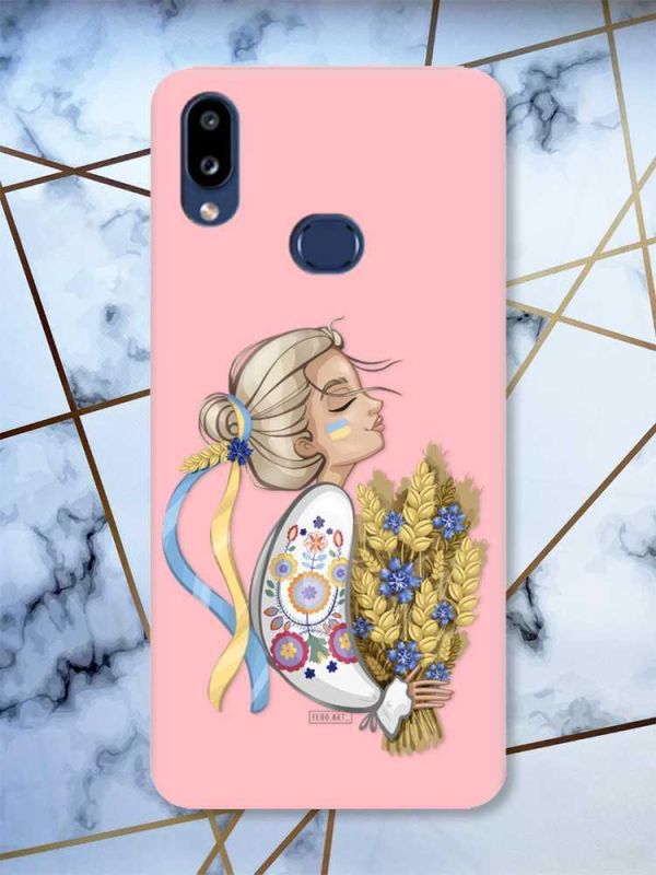Матовий рожевий чохол на Samsung Galaxy A10ѕ A107 патріотичний дизайн Українка з колосками принт 173