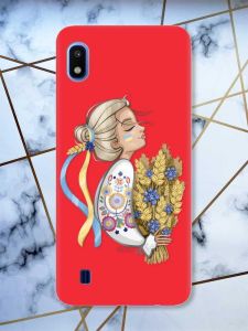 Матовий червоний чохол на Samsung Galaxy A10 (2019) A105 патріотичний дизайн Українка з колосками принт 173