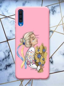Матовий рожевий чохол на Samsung Galaxy A50 (2019) A505 патріотичний дизайн Українка з колосками принт 173