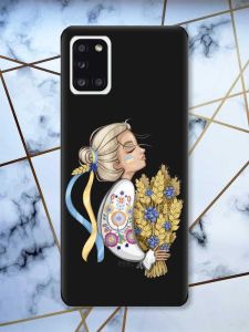 Матовий чорний чохол на Samsung Galaxy A31 патріотичний дизайн Українка з колосками принт 173