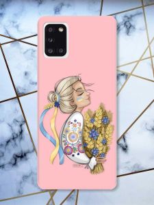 Матовий рожевий чохол на Samsung Galaxy A31 патріотичний дизайн Українка з колосками принт 173