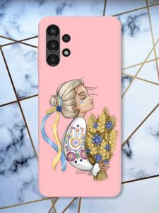 Матовий рожевий чохол на Samsung A13 4G патріотичний дизайн Українка з колосками принт 173