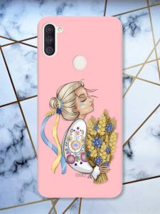 Матовий рожевий чохол на Samsung Galaxy A11 патріотичний дизайн Українка з колосками принт 173