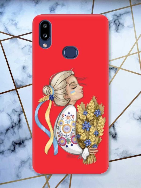 Матовий червоний чохол на Samsung Galaxy A10ѕ A107 патріотичний дизайн Українка з колосками принт 173