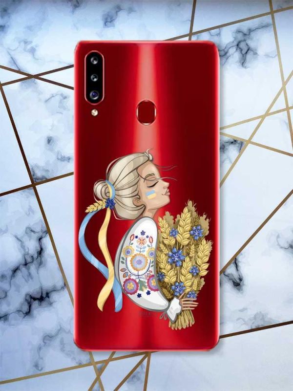 Прозорий чохол на Samsung Galaxy A20ѕ патріотичний дизайн Українка з колосками принт 173