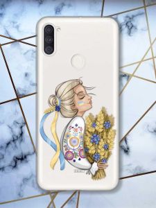 Прозорий чохол на Samsung Galaxy A11 патріотичний дизайн Українка з колосками принт 173